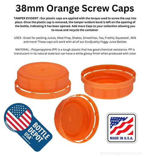 38mm Orange Tamper Evident Ratchet Screw Caps Lids For Plastic Juice Bottles Clear Bottles Pack 50 Great For Juices Beverages And Home Kitchen Bottling Made In USA