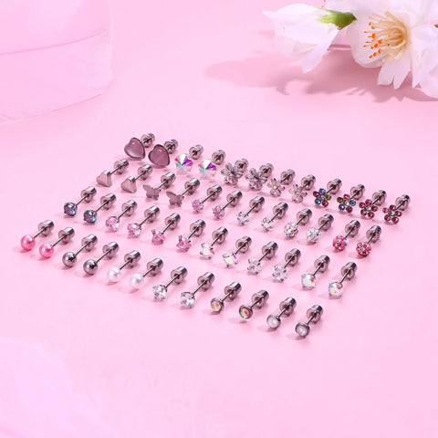24 Pairs Hypoallergenic Earrings Set With Screw Back Studs For Girls And Women Cute Sparkly CZ Ball Star Butterfly Flower Heart Designs Flat Back Comfort For Everyday Wear Gift Ready Variety Pack, pink flat lay