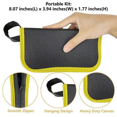 Gundam Model Tool Kit Dope 17 Piece Set canvas bag with smooth zipper and hanging design held by hand, dimensions shown.