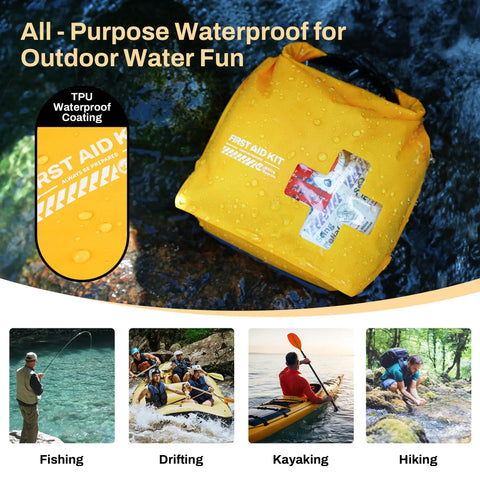 Waterproof Boat First Aid Kit With Lightweight Dry Bag For Kayak And Outdoor Adventures Ready To Roll Emergency Marine Survival Supplies For Fishing Swimming Floating Beach And Camping Gear In Yellow on rocks
