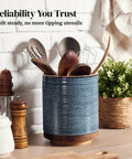 360 Degree Rotating Utensil Holder For Countertop Extra Large Ceramic Caddy In Blue Kitchen Utensil Crock For Farmhouse Decor 7.6 Inch Wide Simple Reach Lazy Susan Style Organizer on kitchen counter.
