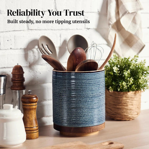 360 Degree Rotating Utensil Holder For Countertop Extra Large Ceramic Caddy In Blue Kitchen Utensil Crock For Farmhouse Decor 7.6 Inch Wide Simple Reach Lazy Susan Style Organizer on kitchen counter.