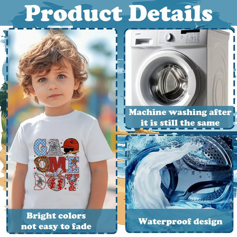 Child in T-shirt with 10 Pack Baseball DTF Iron On Transfers For T Shirts And Apparel Ready To Press Heat Transfer Sheets For Shirts