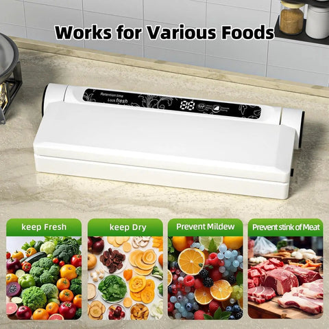 Powerful 75KPa Vacuum Sealer on kitchen counter with images of foods for freshness and storage benefits.