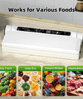 Powerful 75KPa Vacuum Sealer With LED Timer, Dry And Moist Modes on kitchen counter, four food images, keeps freshness