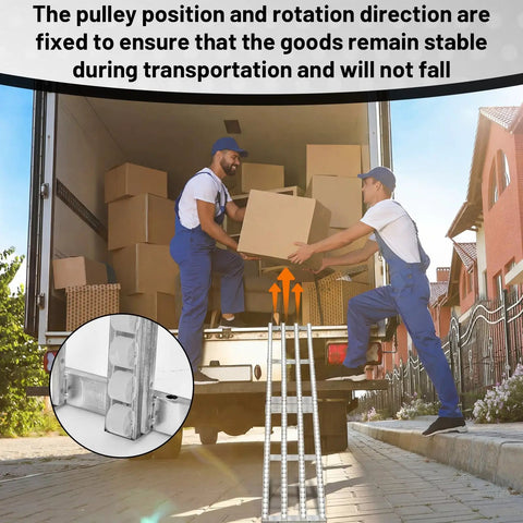 Two workers using a Heavy-Duty Foldable Conveyor Roller Ramp Table 15x78 Inch Gravity Transport Cart With White Galvanized Steel Frame.