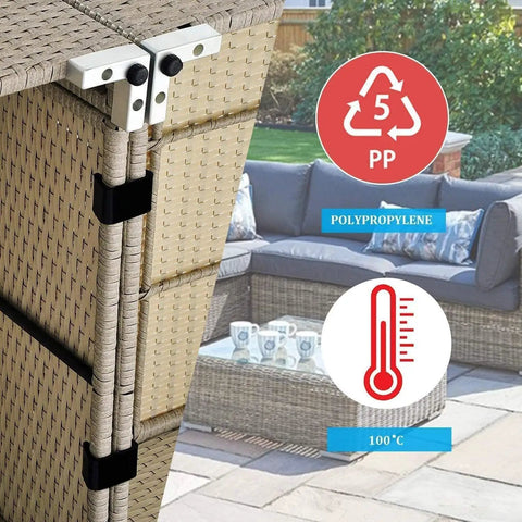 10 Pack Outdoor Furniture Clips For Sectional And Rattan Sofas Patio Couch Connectors To Secure Modular Sets Wicker Furniture Fasteners For Stable Snug Outdoor Seating On The Terrace, shown securing wicker pipes with polypropylene icons.