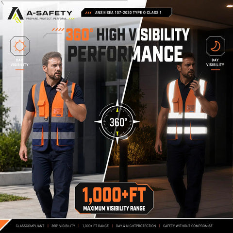 Straight Up Built Tough Orange And Navy Blue Safety Vest Lightweight Polyester Workwear Reflective Construction Gear Machine Washable Crew Protection Essentials