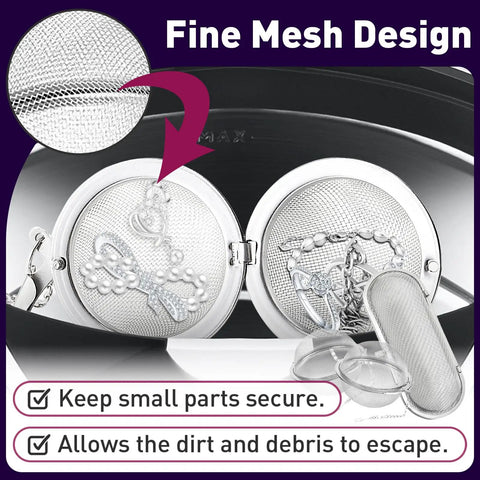 Rock Solid Stainless Steel Parts Washer Basket 3 Pack For Ultrasonic Jewelry And Machinist Parts Cleaner With Secure Lock Chain, fine mesh design for secure washing.