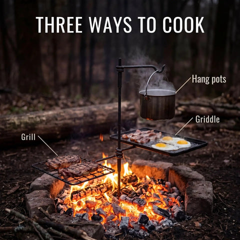 Swivel Grill Set For Campfire Cooking In The Great Outdoors Heavy Duty Steel Bushcraft Grate with griddle and pot over fire