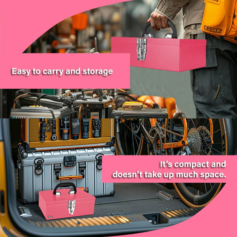 Pink 11 Inch Portable Steel Tool Box With Metal Latch used in car trunk and garage for easy storage and transport