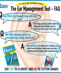Gentle Ear Wax Removal Tool Kit FAQ, addressing ear cleaning concerns, safe design, and reducing wax pushback, Clinere product shown