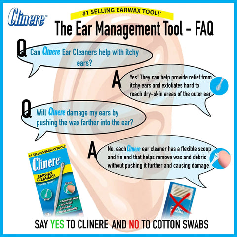 Gentle Ear Wax Removal Tool Kit FAQ, addressing ear cleaning concerns, safe design, and reducing wax pushback, Clinere product shown