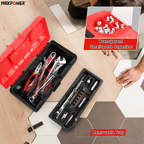 Lightweight 14 Inch Plastic Tool Box With Comfortable Handle And Removable Tray, Dual Lock Latches, Red Finish, Open View