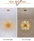 Illuminated and non-illuminated dope gold sputnik chandelier light fixture with 12 E12 holders, 28.5 inch firework style.