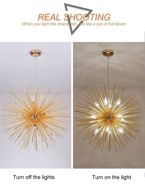 Illuminated and non-illuminated dope gold sputnik chandelier light fixture with 12 E12 holders, 28.5 inch firework style.