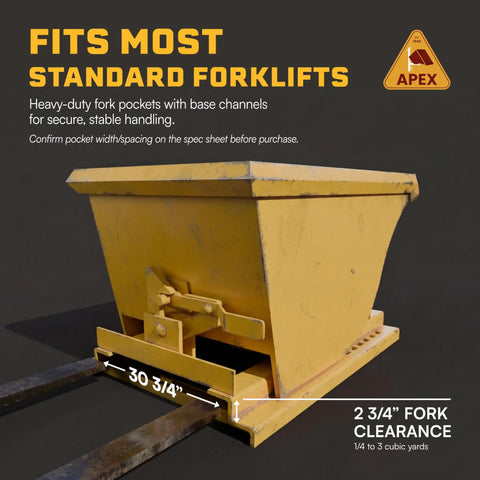 Commercial Grade 1 Cubic Yard Self Dumping Hopper Fits Standard Forklifts 6000 Lb Capacity Heavy Duty showing fork pockets for stability.