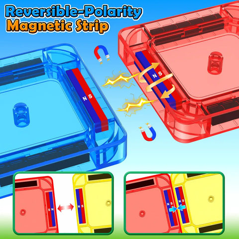 Close-up of reversible-polarity magnetic strip on mini magnetic tiles from Mini Magnetic Tiles Road Travel Set For Kids On The Go