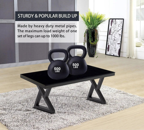 Two 500 lbs kettlebells on a table supported by Beefy 16 Inch Metal Table Legs Set Of 2 In Black For DIY Coffee Tables Benches End Tables TV Stands And Nightstands Heavy Duty Steel Pipe Construction Ready To Install.