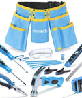 Blue 18 Piece Kids Builder Tool Set With Real Hand Tools And Reinforced Tool Belt For Waist 20 To 32 Inches Perfect For Home DIY Learning Woodworking And Hands On Projects That Build Confidence And Skills including a hammer, screwdrivers, pliers, measuring tape, and tool belt.