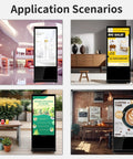 Image featuring Legit 43 Inch Touch Screen Digital Signage Display Floor Stand Kiosk in various retail and cafe settings.