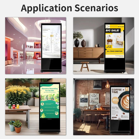 Image featuring Legit 43 Inch Touch Screen Digital Signage Display Floor Stand Kiosk in various retail and cafe settings.