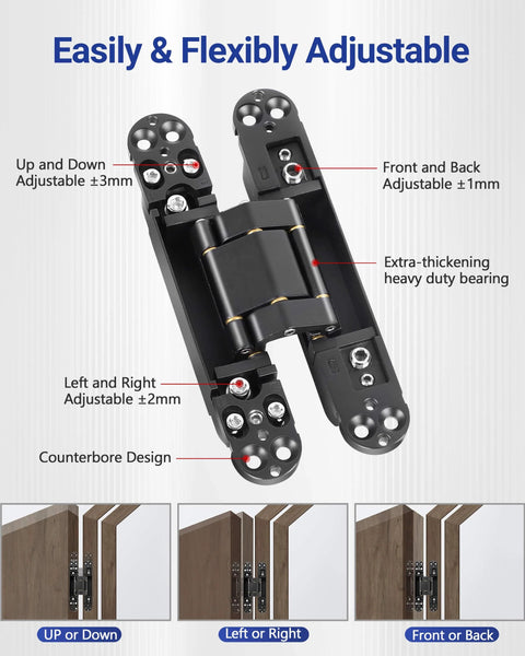 Diagram of Hidden Door Hinges 6x2.5x1 Inch Zinc Alloy Concealed Hinge Set Black Heavy Duty 3 Way Adjustable Silent 180 Degree Swing