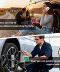 Before and after using 40 Piece Tire Repair Kit With Two Sizes Of Rubber Nails Includes Screw In Plugs Box And Driver DIY Fast Self Service Tire Patch Tool For Cars And SUVs No Tire Removal Needed Easy Quick Seal And Repair On The Go, showing roadside repair and workshop setting.