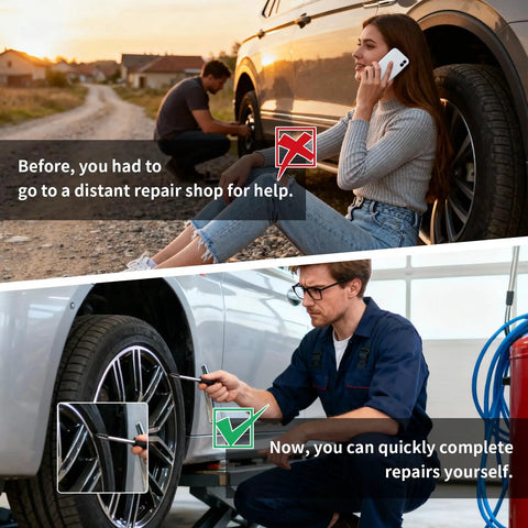 Before and after using 40 Piece Tire Repair Kit With Two Sizes Of Rubber Nails Includes Screw In Plugs Box And Driver DIY Fast Self Service Tire Patch Tool For Cars And SUVs No Tire Removal Needed Easy Quick Seal And Repair On The Go, showing roadside repair and workshop setting.