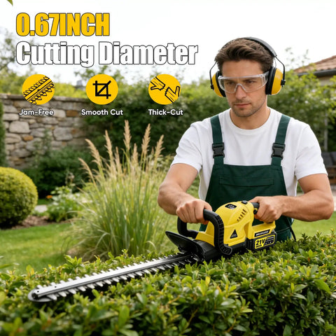 Man using 22 Inch Cordless Hedge Trimmer With Dual Action SK5 Blades And 2x4.0Ah Batteries And Charger Included, 180 Degree Rotating Handle, Lightweight 4.1 Lb Electric Hedge Cutter For Yard And Garden, No Cord Hassle Pruning And Shaping on bushes.