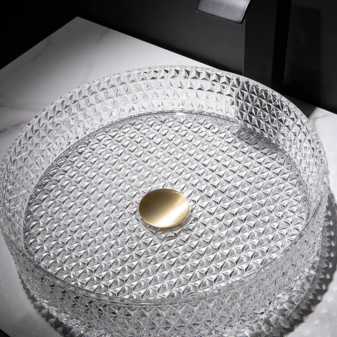 USZWBY Bathroom Vessel Sink Vanity Tempered Glass Vessel Bowl Sink Transparent Countertop Sink Bowl with Gold Pop Up Drain.