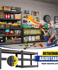 Heavy Duty Steel Shelving 5 Tier Garage Storage Racks 1900 Lbs Capacity Adjustable Metal Rack Black industrial unit with tools and storage bins.