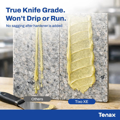 Dead Nuts Strong Transparent Polyester Mastic And Slick Knife Grade Stone Adhesive For Granite Marble Seam Glue Quick Set Resin Kit With Hardener Pro Grade Natural Stone Fabbing Solution on granite surface.