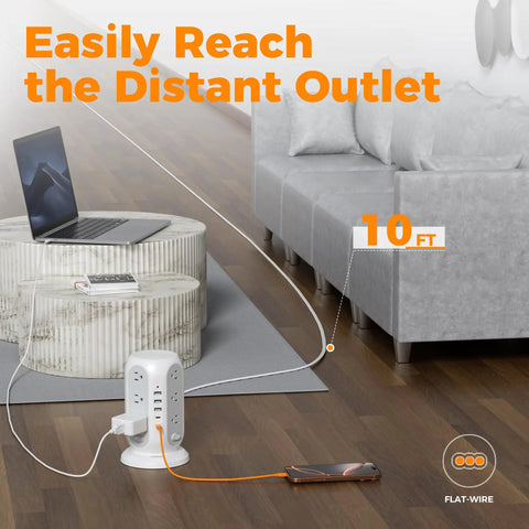 Tower Power Strip With 12 Outlets And 5 USB Ports, Including 2 USB C, 10 Ft Flat Extension Cord in living room setup