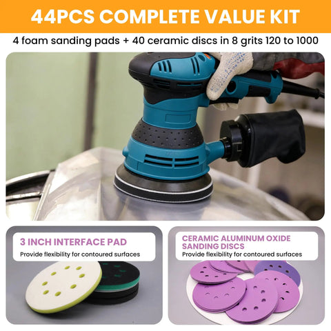 5 Inch Sander Foam Pad Set With 4 Pads And 5 Inch Ceramic Sanding Discs 80 To 1000 Grit 40 Pieces with orbital sander in use