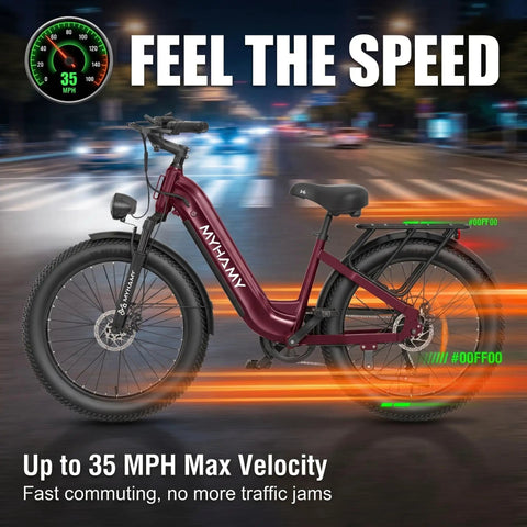 Fat Tire Electric Bike With 24In Wheels, 2000W Peak Motor, 48V 18.5Ah Removable Battery, 40 To 80 Mile Range, Step Through Full Suspension Ebike For Adults, Ideal For Commuting And City Cruising, Wine in motion on the street.