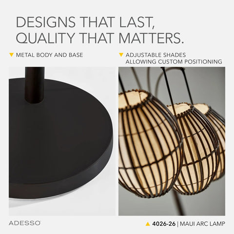 Maui Arc Floor Lamp With Three Movable Shades And Adjustable Height, base close-up showing metal structure, Antique Bronze Finish.