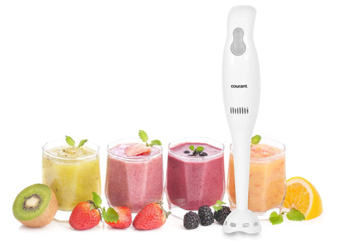 Knockout 200W Immersion Hand Blender With Stainless Steel Blades Whips Up Smoothies And Crushes Ice Effortlessly In Sweet White Finish With 2 Speed Settings For Easy Peasy Cleanup And Lightweight Grip Action On The Daily Chores next to vibrant fruit smoothies.