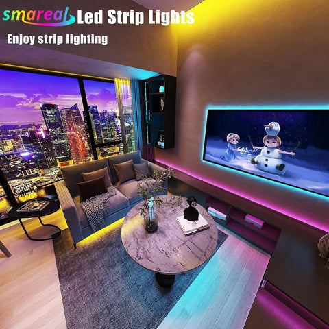 LED TV Backlight Strip 32.8Ft USB Powered With Remote creating ambience in modern living room behind large screen