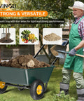 Man using Workhorse Two Wheel Wheelbarrow Cart With 330 Pound Capacity Plastic And Steel Garden Wagon filled with soil