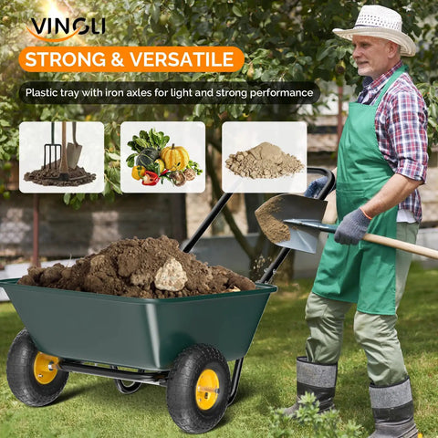 Man using Workhorse Two Wheel Wheelbarrow Cart With 330 Pound Capacity Plastic And Steel Garden Wagon filled with soil