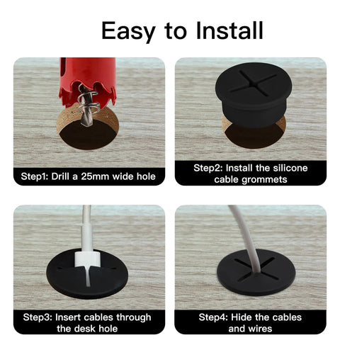 Step-by-step installation guide for 18 Pack Flexible Silicone Desk Cable Grommets With 1 Inch Hole Saw Heavy Duty Cord Hole Covers.