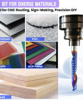 HQMaster 10pcs O-flute CNC router bits, 1/8" shank; tungsten carbide, upcut. Set shown beside aluminum, PVC, acrylic, and wood.