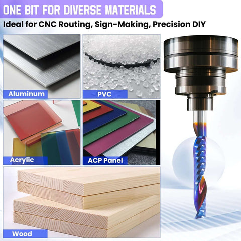 HQMaster 10pcs O-flute CNC router bits, 1/8" shank; tungsten carbide, upcut. Set shown beside aluminum, PVC, acrylic, and wood.