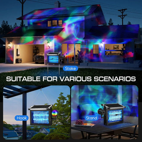 Outdoor Bug Zapper With Projector Lights For Patio And Garden 4500V Waterproof Mosquito Killer Dual Solar And USB Rechargeable Smart Dusk To Dawn Cordless Bug Killer displayed in a garden at night with colorful lights