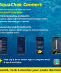 Aquachek Connect app interface on smartphones for tracking pool and spa chemistry using 7-Way Pool And Spa Test Strips.