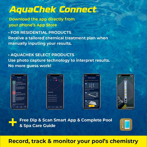 Aquachek Connect app interface on smartphones for tracking pool and spa chemistry using 7-Way Pool And Spa Test Strips.