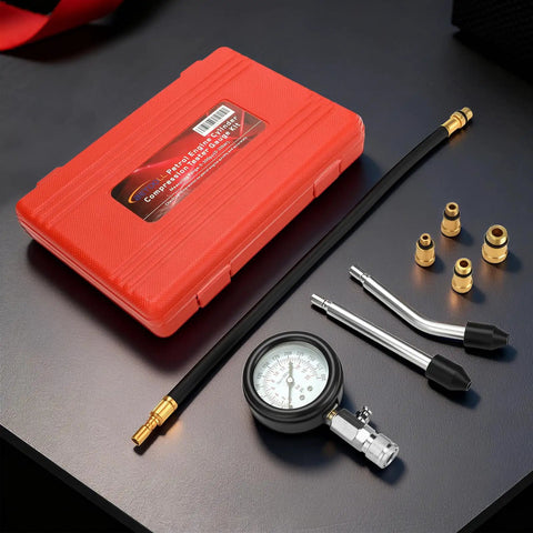 Gas Engine Cylinder Compression Tester Kit, 8 Piece, Automotive Gauge Tool With Three Inch Dual Color Dial, 0 to 300 Psi and 0 to 20 Bar, Quick Pressure Release Button, Includes Two Rubber Cone Ends for Quick Checks