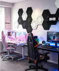Kick The Echo To The Curb With Hexagon Acoustic Panels 12 Pack Self Adhesive Sound Proofing Foam Wall Tiles High Quality Polyester Fiber Noise Reduction Tiles For Room Treatment installed in a modern gaming setup.