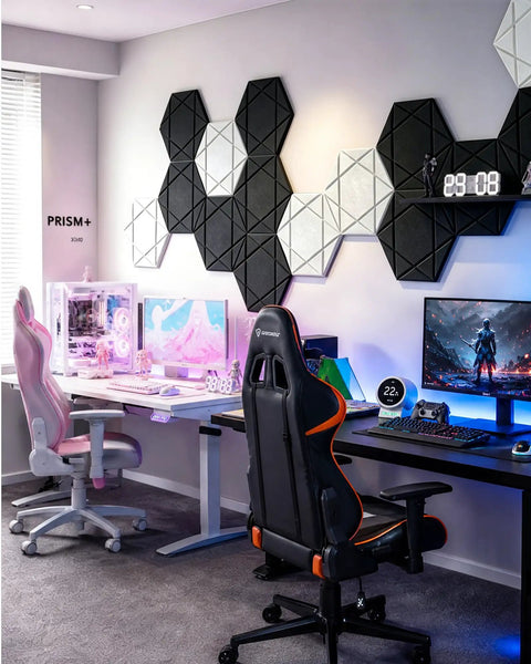 Kick The Echo To The Curb With Hexagon Acoustic Panels 12 Pack Self Adhesive Sound Proofing Foam Wall Tiles High Quality Polyester Fiber Noise Reduction Tiles For Room Treatment installed in a modern gaming setup.